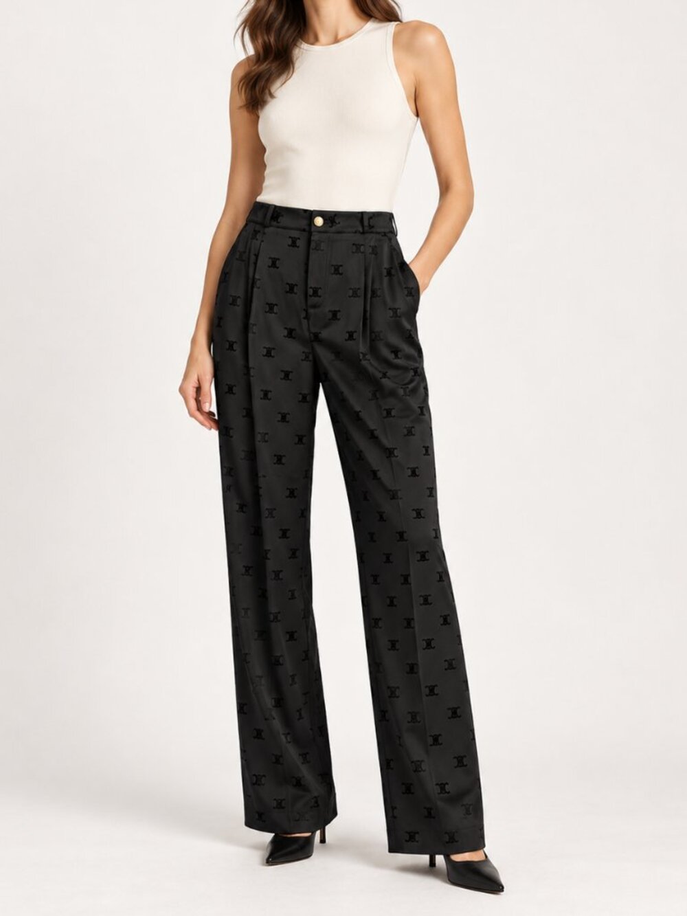 Black Monogram Wide Leg High Waist Pleated Tailored Trousers M